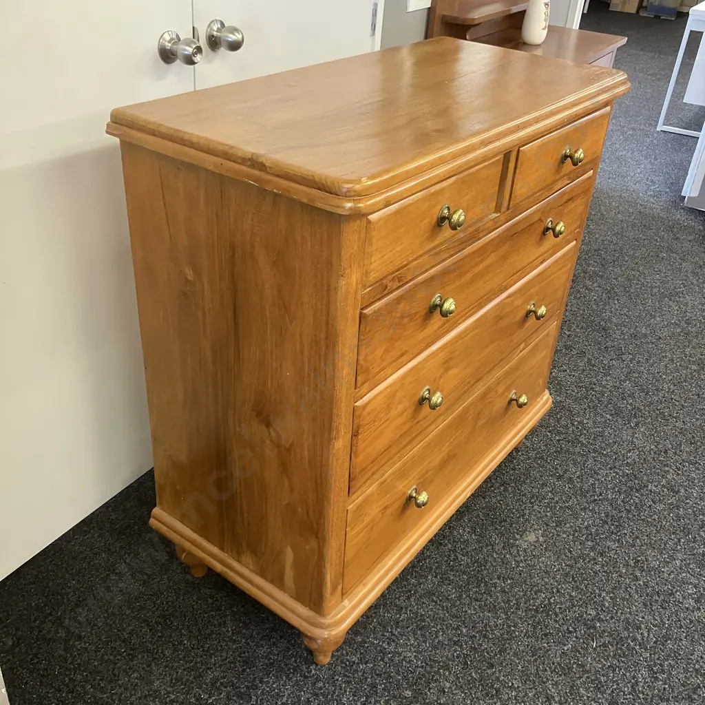 Recycled Rimu 5 Drawer Scotch Chest, Brass Knob Handles, Turned Feet. H105 W105 D50cm (Back Split) Image 1++