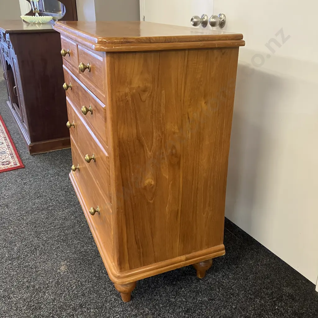 Recycled Rimu 5 Drawer Scotch Chest, Brass Knob Handles, Turned Feet. H105 W105 D50cm (Back Split) Image 1++