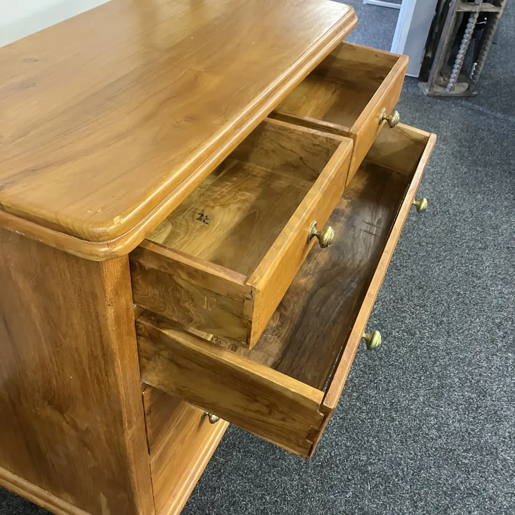 Recycled Rimu 5 Drawer Scotch Chest, Brass Knob Handles, Turned Feet. H105 W105 D50cm (Back Split) Image 1++