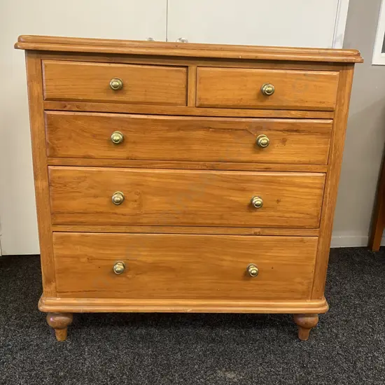 Recycled Rimu 5 Drawer Scotch Chest, Brass Knob Handles, Turned Feet. H105 W105 D50cm (Back Split)