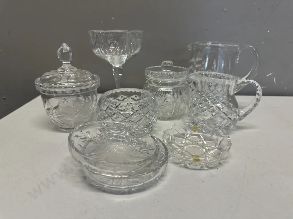 Assorted Crystal Items Including Canisters, Jug, Creamer Etc Image 1++