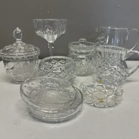 Assorted Crystal Items Including Canisters, Jug, Creamer Etc