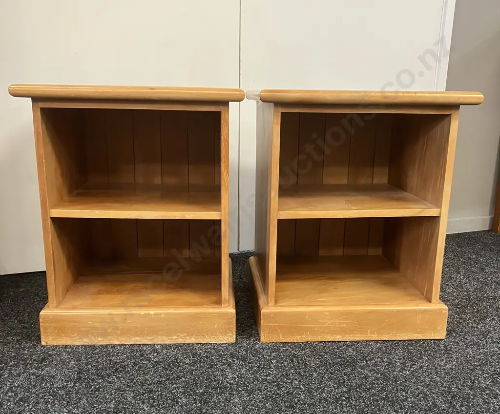 Pair of Kauri Single Shelf Bedsides, Tongue & Groove Backs. H60 W49 D47cm Image 1++