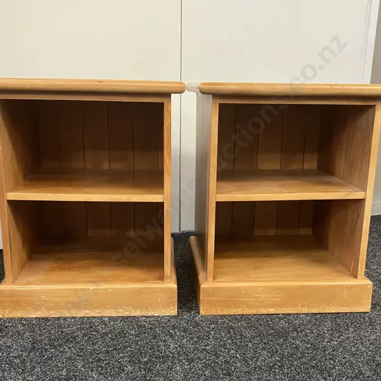 Pair of Kauri Single Shelf Bedsides, Tongue & Groove Backs. H60 W49 D47cm