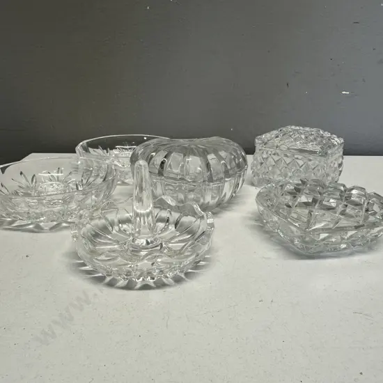 Vintage Crystal Items Including Candle Holders, Trinket Dishes Etc