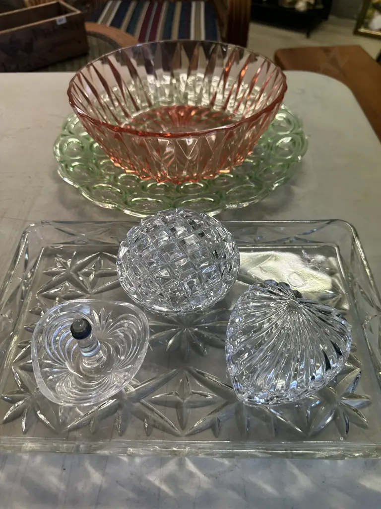 Vintage Lidded Glass Dishes, Tray, Ring Holder, Red Depression Glass Bowl, Green Depression Glass Platter Image 1++