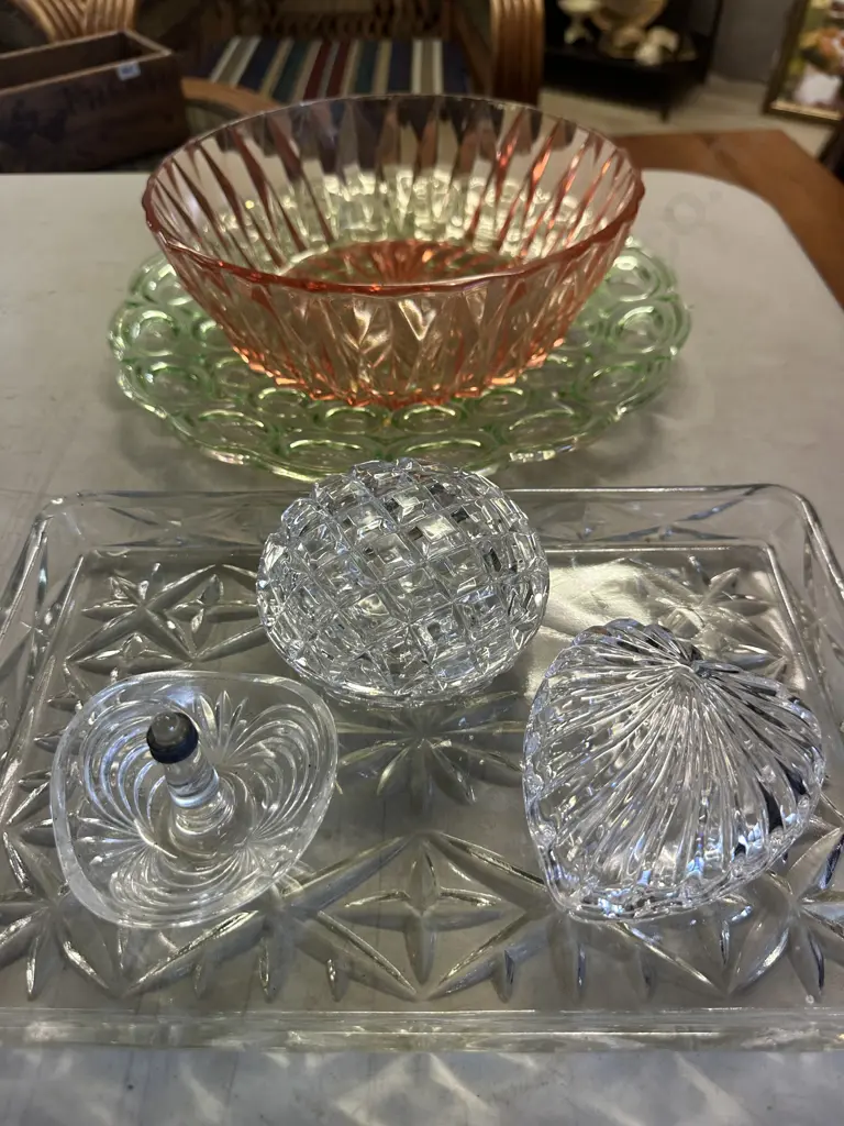 Vintage Lidded Glass Dishes, Tray, Ring Holder, Red Depression Glass Bowl, Green Depression Glass Platter Image 1++