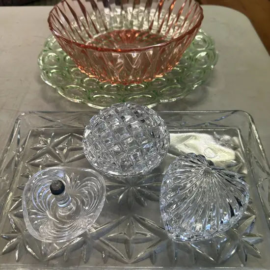 Vintage Lidded Glass Dishes, Tray, Ring Holder, Red Depression Glass Bowl, Green Depression Glass Platter