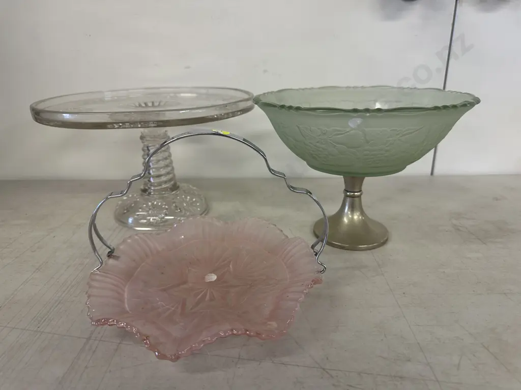 Vintage Glass Tassas With Pink Cake Plate Image 1++
