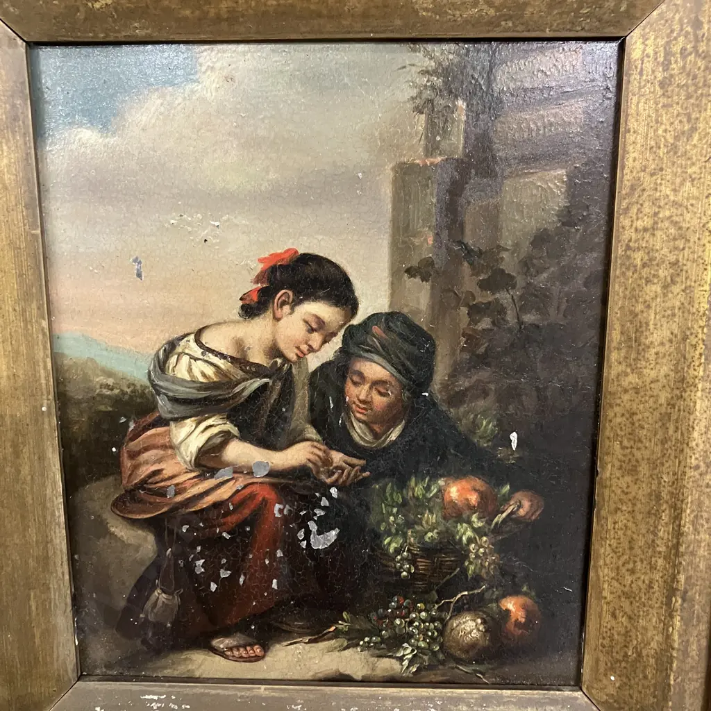 "The Little Fruit Seller" Bartolome Esteban Murillo 1670-1675, Copy Painted On Tin In An Antique Frame. 41 x 38cm Image 1++