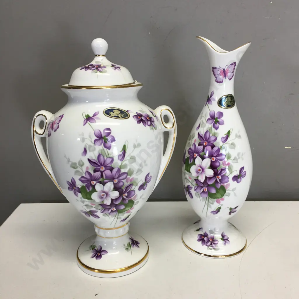 Aynsley "Wild Violets" Vase & Lidded Urn. 23cm (Lid Repaired) Image 1++