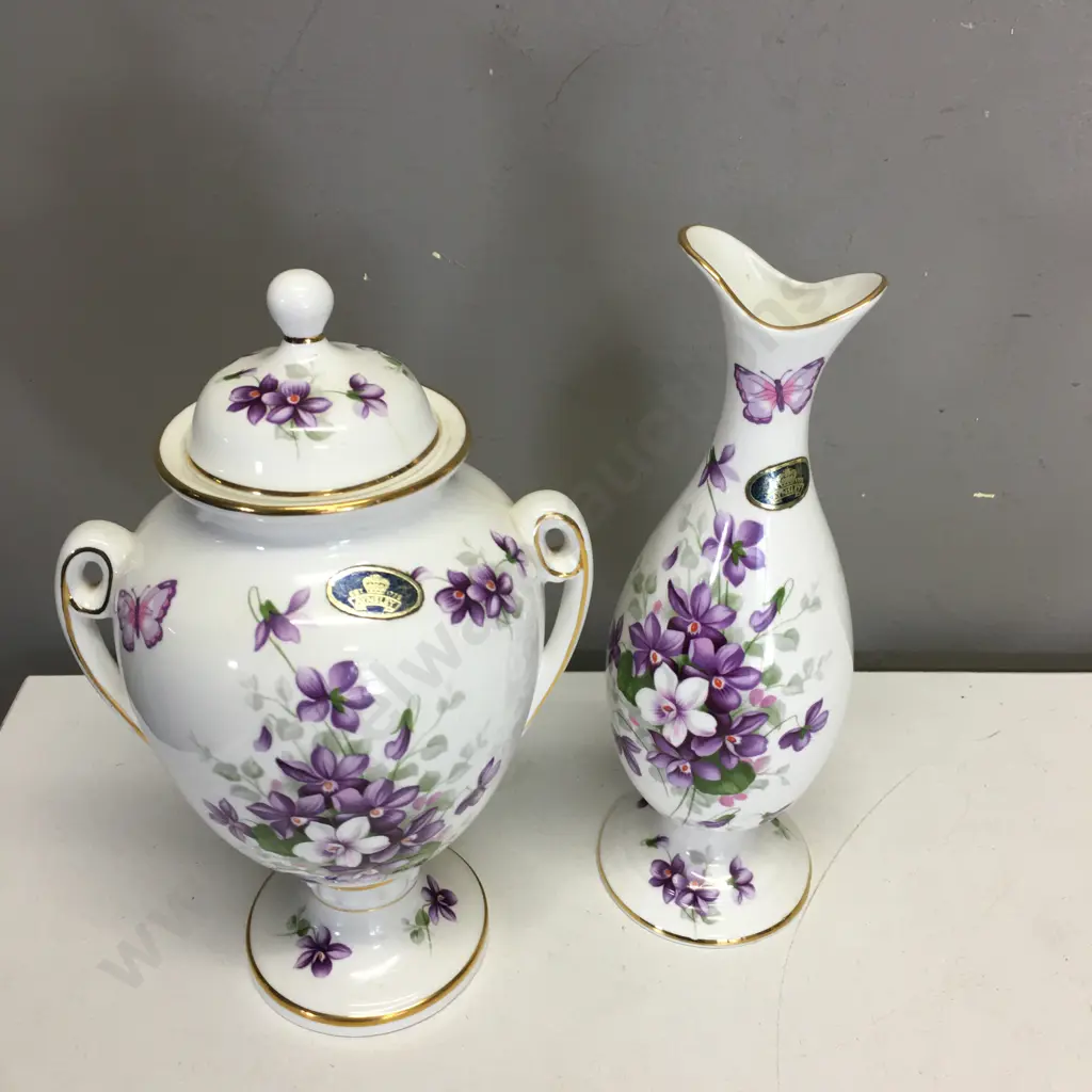 Aynsley "Wild Violets" Vase & Lidded Urn. 23cm (Lid Repaired) Image 1++