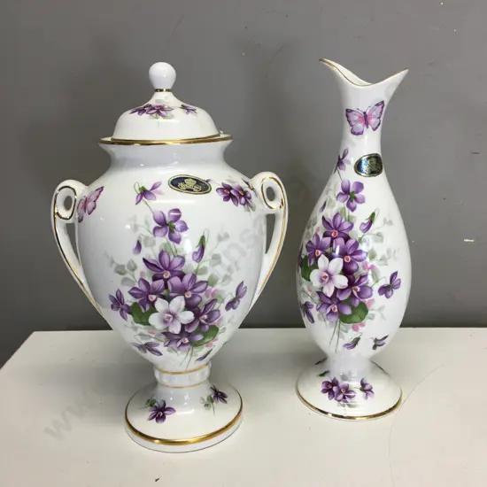 Aynsley "Wild Violets" Vase & Lidded Urn. 23cm (Lid Repaired)