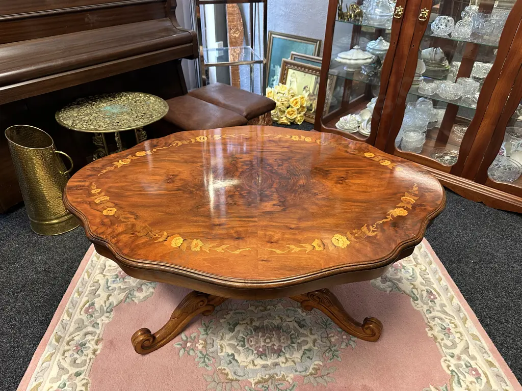 Victorian Style Marquetry Walnut  Shaped Top Coffee Table. H54 W120 D89cm Image 1++
