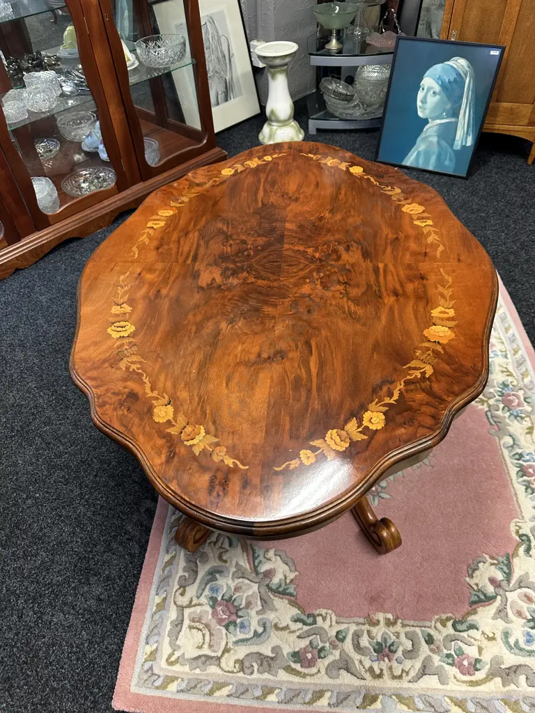 Victorian Style Marquetry Walnut  Shaped Top Coffee Table. H54 W120 D89cm Image 1++