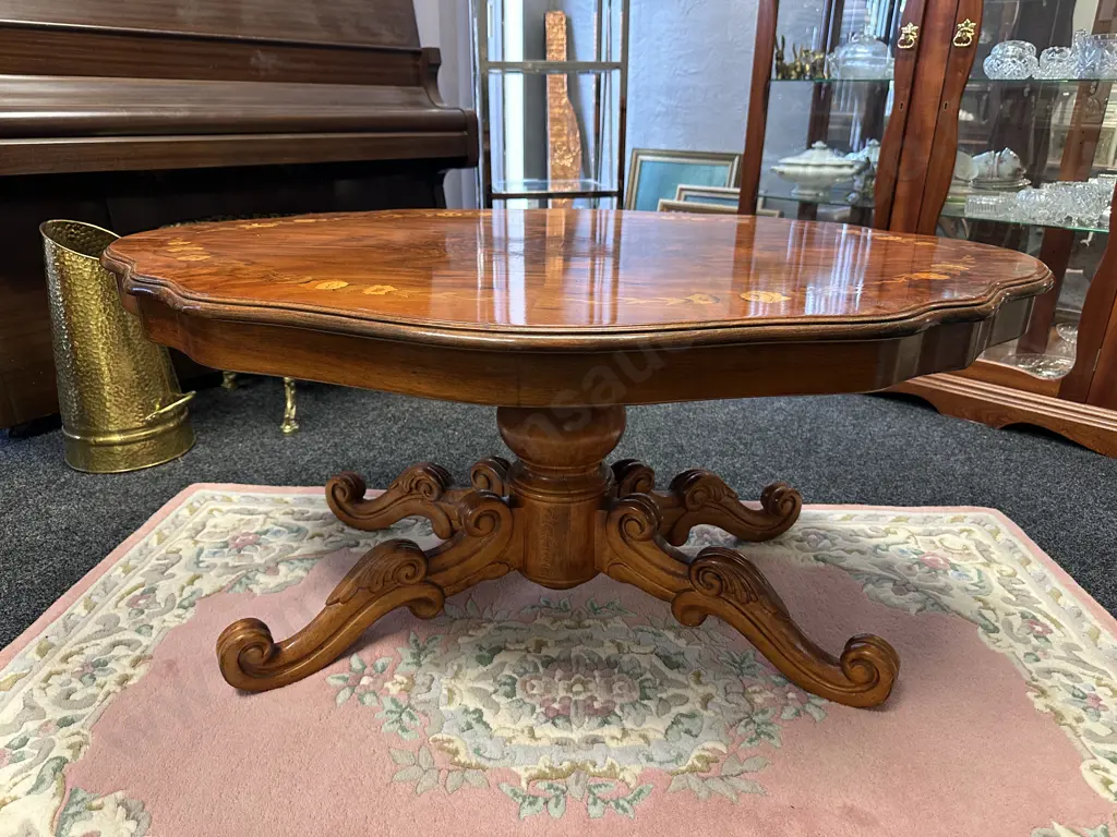 Victorian Style Marquetry Walnut  Shaped Top Coffee Table. H54 W120 D89cm Image 1++