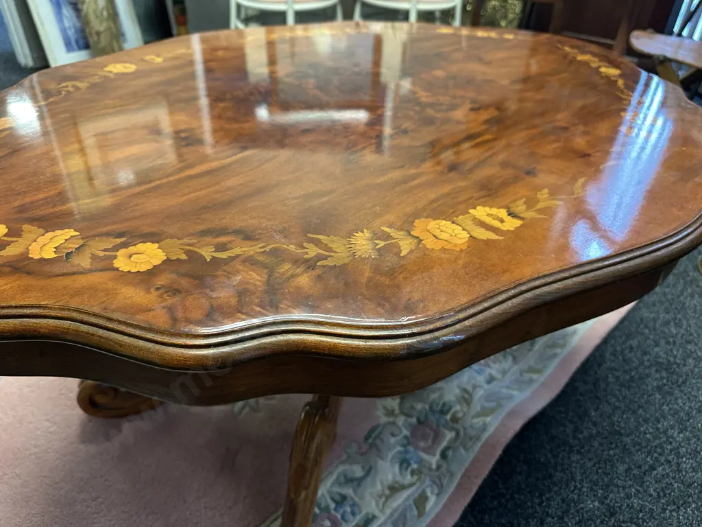Victorian Style Marquetry Walnut  Shaped Top Coffee Table. H54 W120 D89cm Image 1++