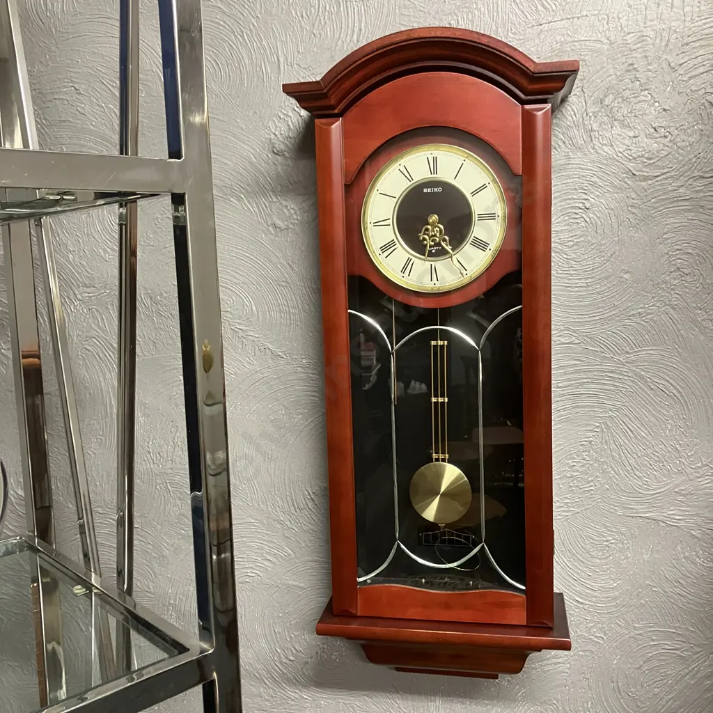 Seiko Wooden Cased Chiming Wall Clock With Pendulum - Japan Movement. H75 W31 D13cm Image 1++
