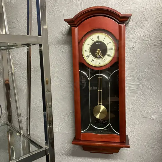 Seiko Wooden Cased Chiming Wall Clock With Pendulum - Japan Movement. H75 W31 D13cm