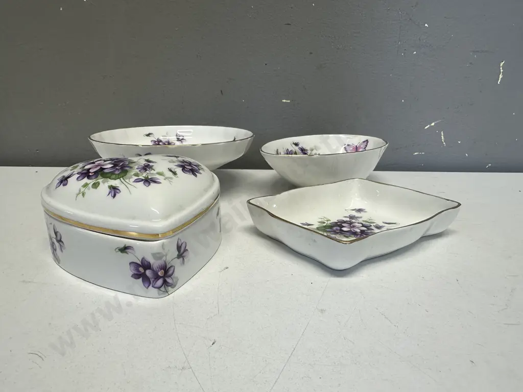 Vintage Ansley Bone China 'Wild Violets' Trinket Dish, Advacado Dish Etc Image 1++