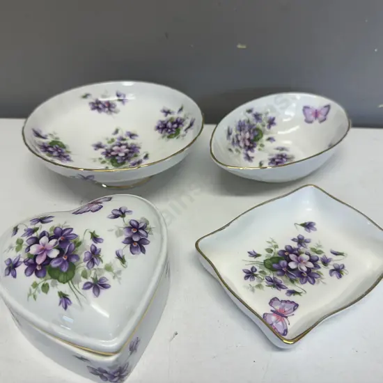 Vintage Ansley Bone China 'Wild Violets' Trinket Dish, Advacado Dish Etc