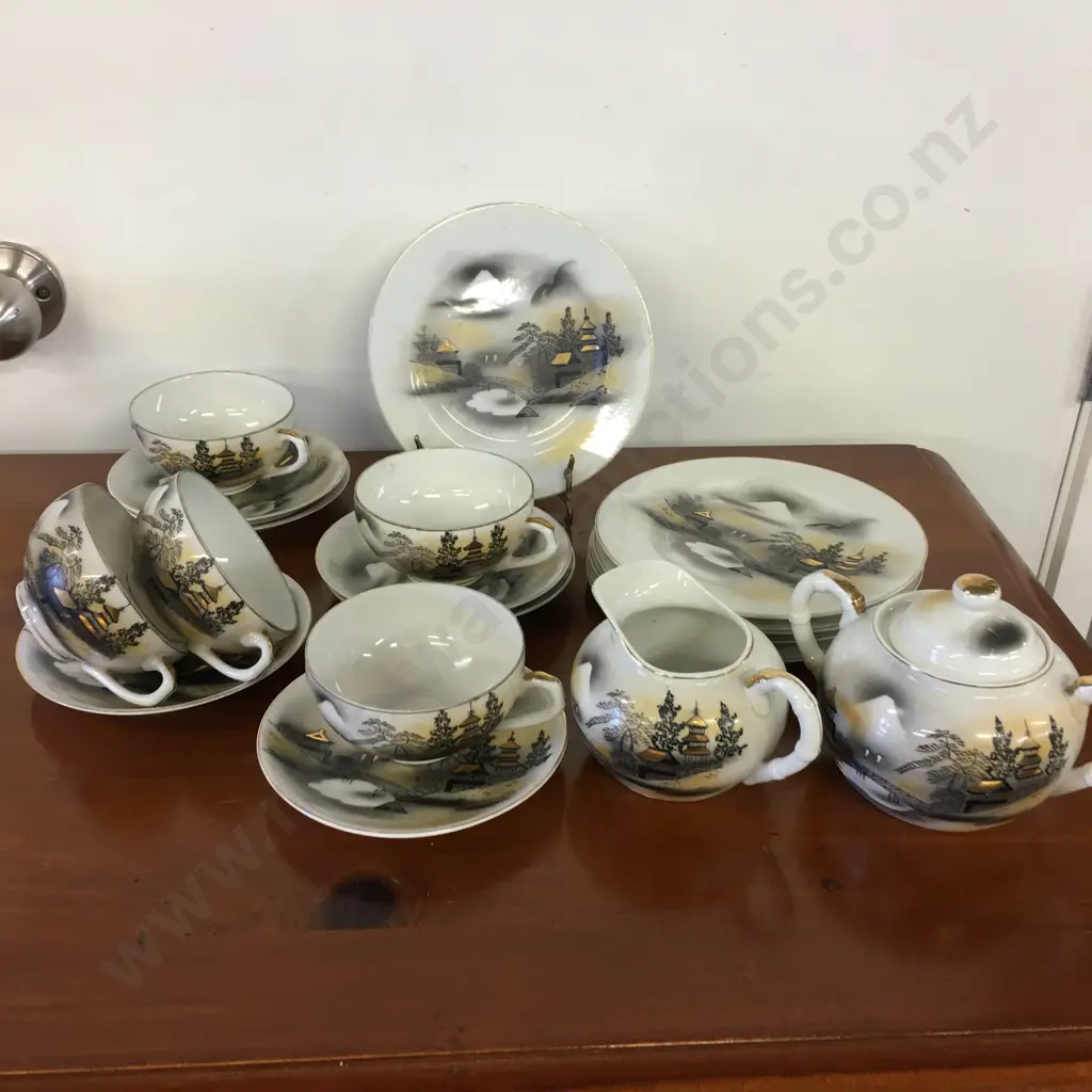 Vintage Japanese Geisha Lithopane Porcelain Hand Painted Gold Rimmed Teaware - 18 Pieces Image 1++