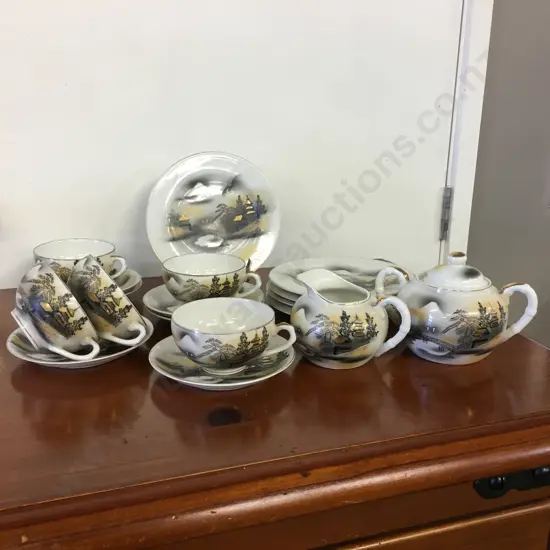 Vintage Japanese Geisha Lithopane Porcelain Hand Painted Gold Rimmed Teaware - 18 Pieces
