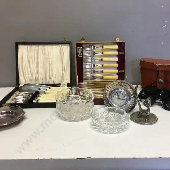 Selection of Vintage Silverware Items, Crystal Ware, Binoculars Etc