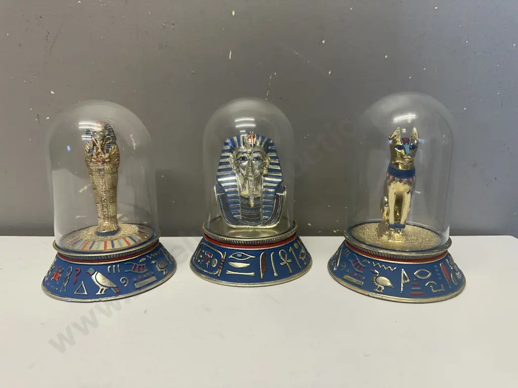 Franklin Mint Egyptian Glass Dome Figurines - Mask of Tutankhamun, Sacred Bast Cat, Royal Sarcophagus. H14cm Image 1++
