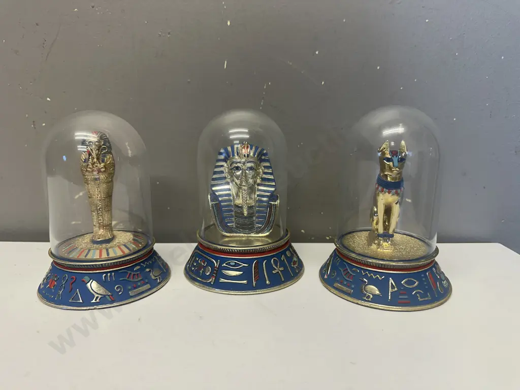 Franklin Mint Egyptian Glass Dome Figurines - Mask of Tutankhamun, Sacred Bast Cat, Royal Sarcophagus. H14cm Image 1++