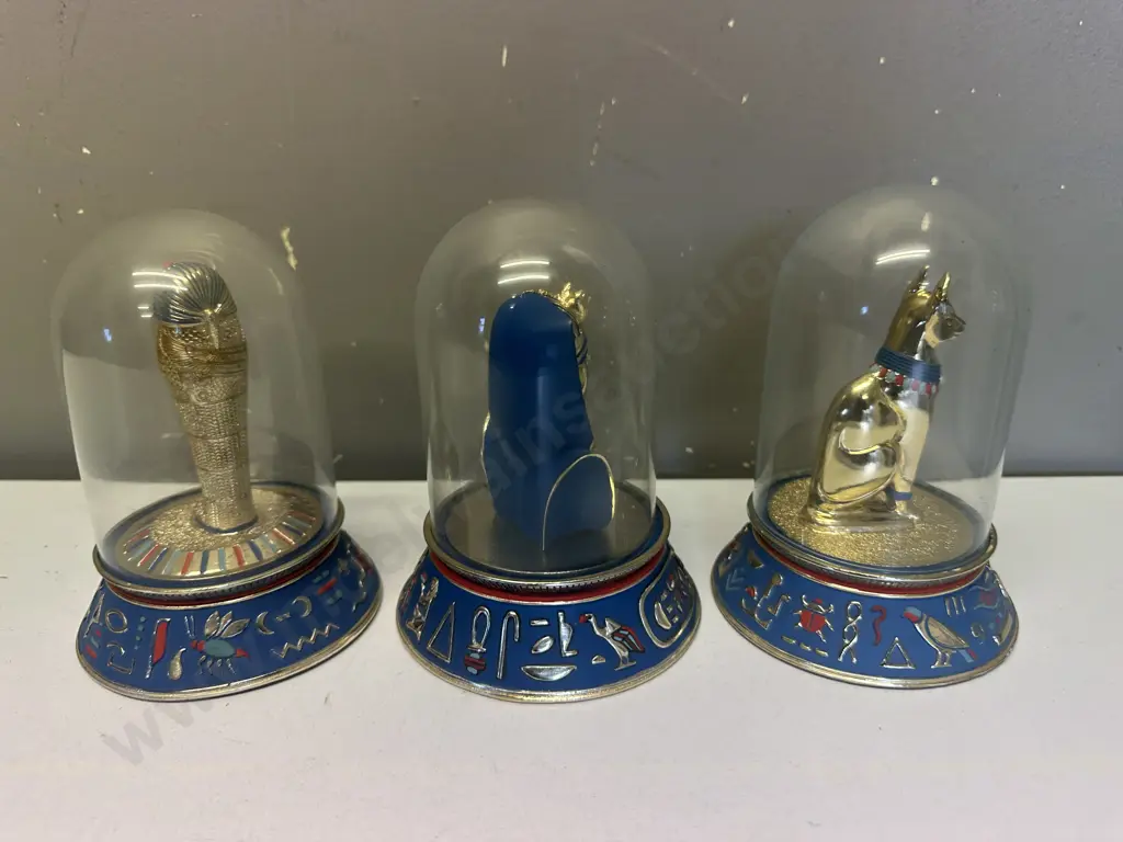 Franklin Mint Egyptian Glass Dome Figurines - Mask of Tutankhamun, Sacred Bast Cat, Royal Sarcophagus. H14cm Image 1++