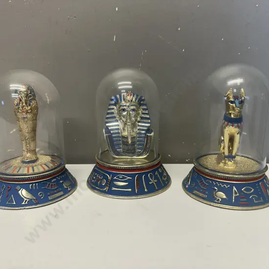 Franklin Mint Egyptian Glass Dome Figurines - Mask of Tutankhamun, Sacred Bast Cat, Royal Sarcophagus. H14cm