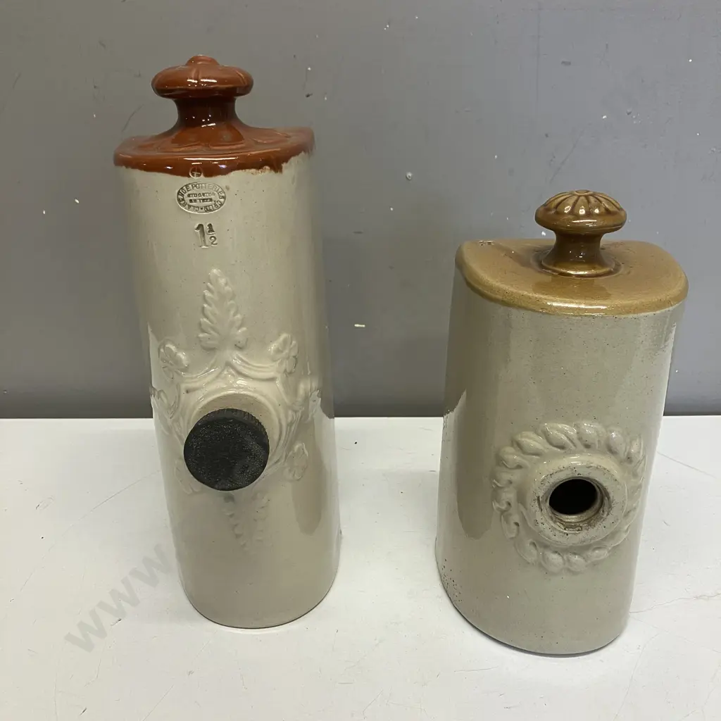 Mid 1900s Clarence Potteries Stoneware Hot Water Bottle & Unnamed Stoneware Hot Water Bottle (Unamed) Image 1++