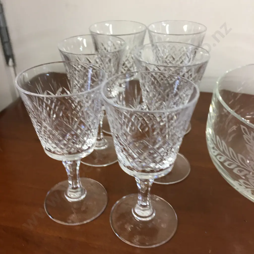 Vintage Etched Crystal Bowl With Six Shot Glasses & Six Sherry Glasses Image 1++