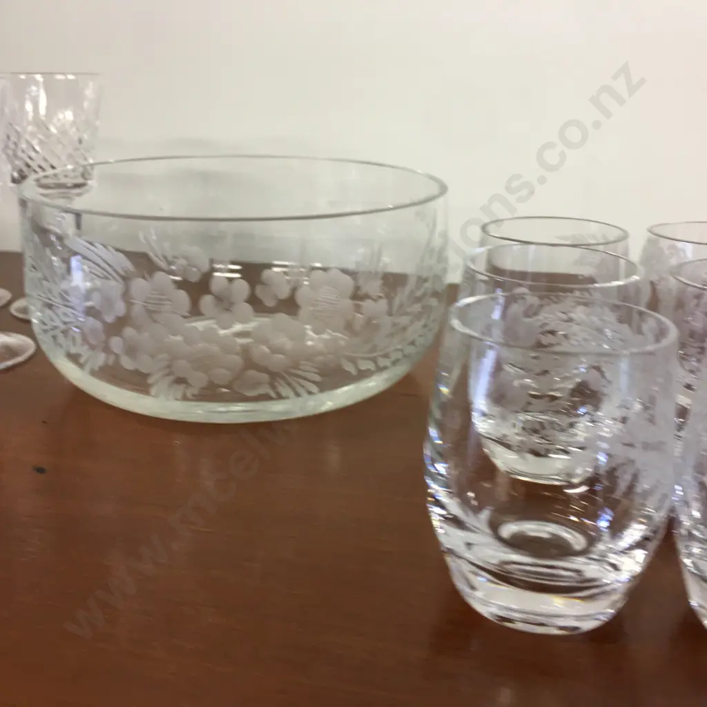 Vintage Etched Crystal Bowl With Six Shot Glasses & Six Sherry Glasses Image 1++