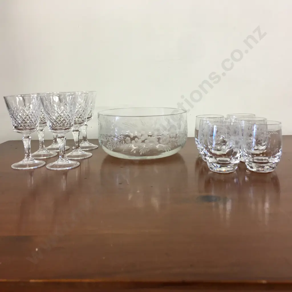 Vintage Etched Crystal Bowl With Six Shot Glasses & Six Sherry Glasses Image 1++