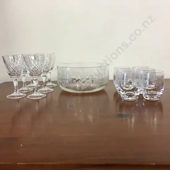 Vintage Etched Crystal Bowl With Six Shot Glasses & Six Sherry Glasses