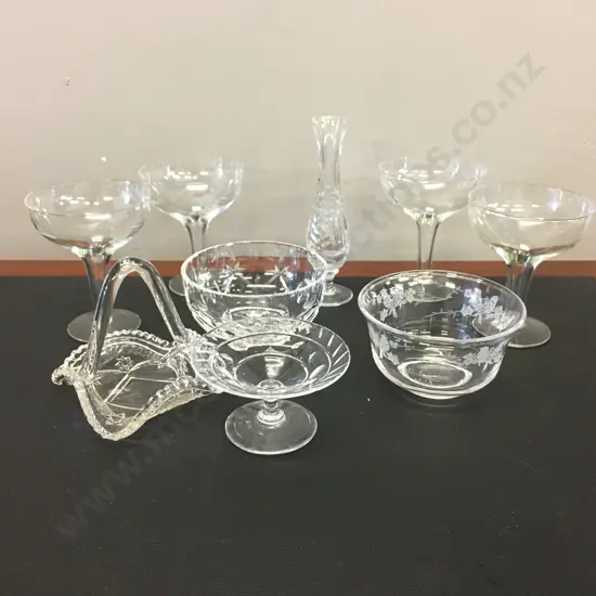 Selection Of Crystal Items Including Champagne Hollow Stem Glasses, Stuart Etc