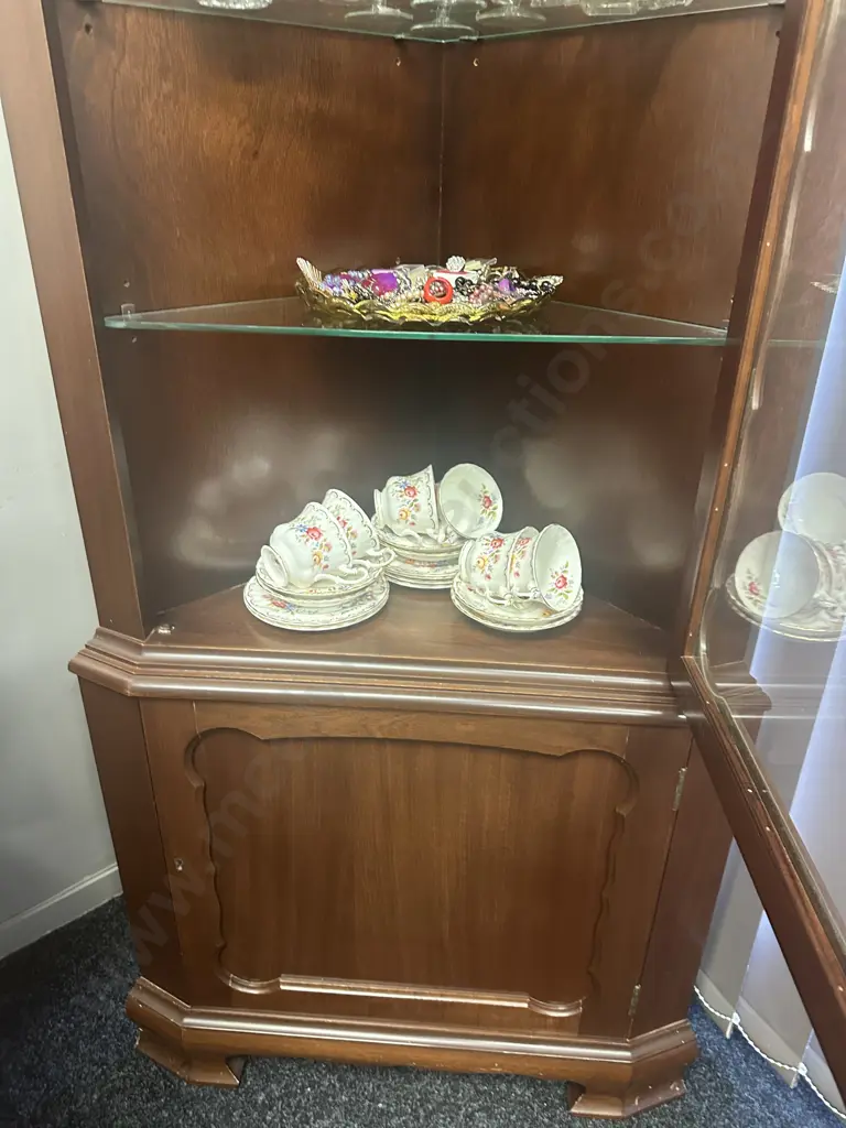 Mahogany China Display Storage Corner Cabinet With Keys, 3 x Glass & 1 x Wooden Shelves. H181 W69 D38cm Image 1++