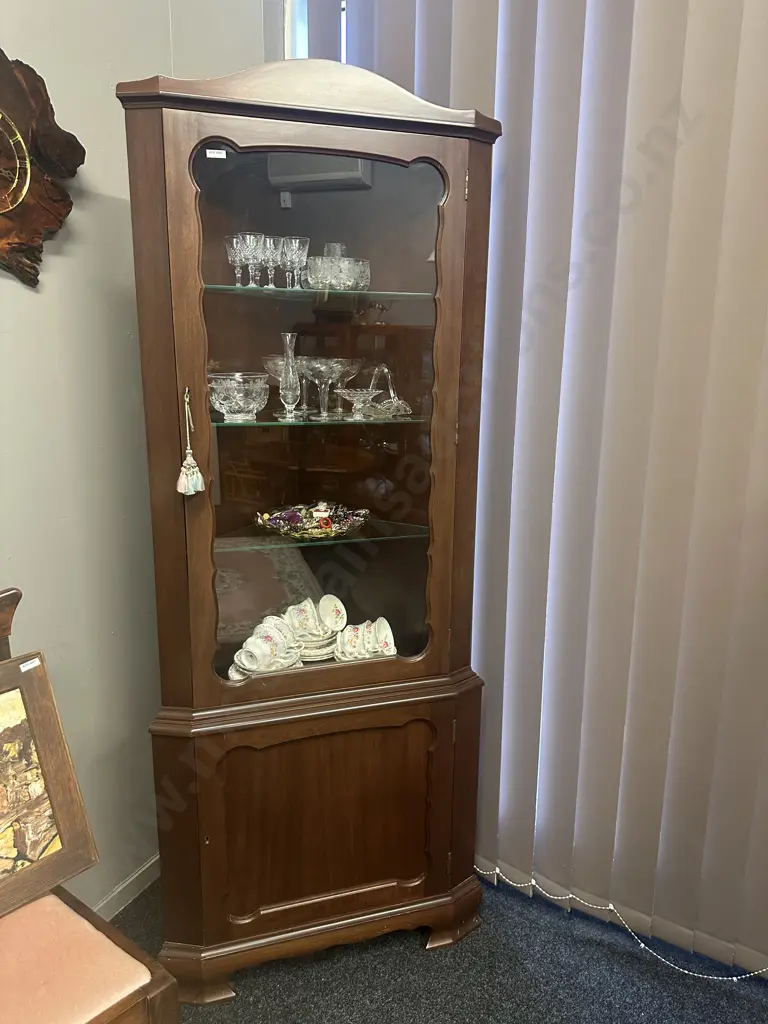 Mahogany China Display Storage Corner Cabinet With Keys, 3 x Glass & 1 x Wooden Shelves. H181 W69 D38cm Image 1++