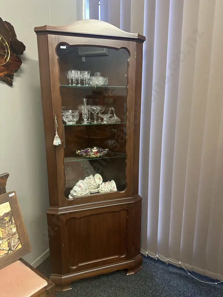 Mahogany China Display Storage Corner Cabinet With Keys, 3 x Glass & 1 x Wooden Shelves. H181 W69 D38cm Image 1++