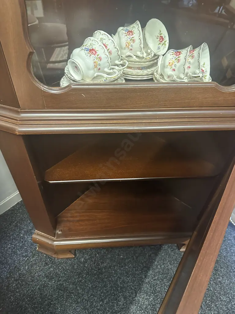 Mahogany China Display Storage Corner Cabinet With Keys, 3 x Glass & 1 x Wooden Shelves. H181 W69 D38cm Image 1++