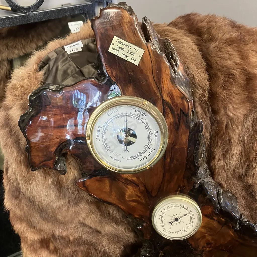 Large Coromandel Swamp Kauri Wall Clock / Barometer / Thermometer. 57 x 59cm Image 1++