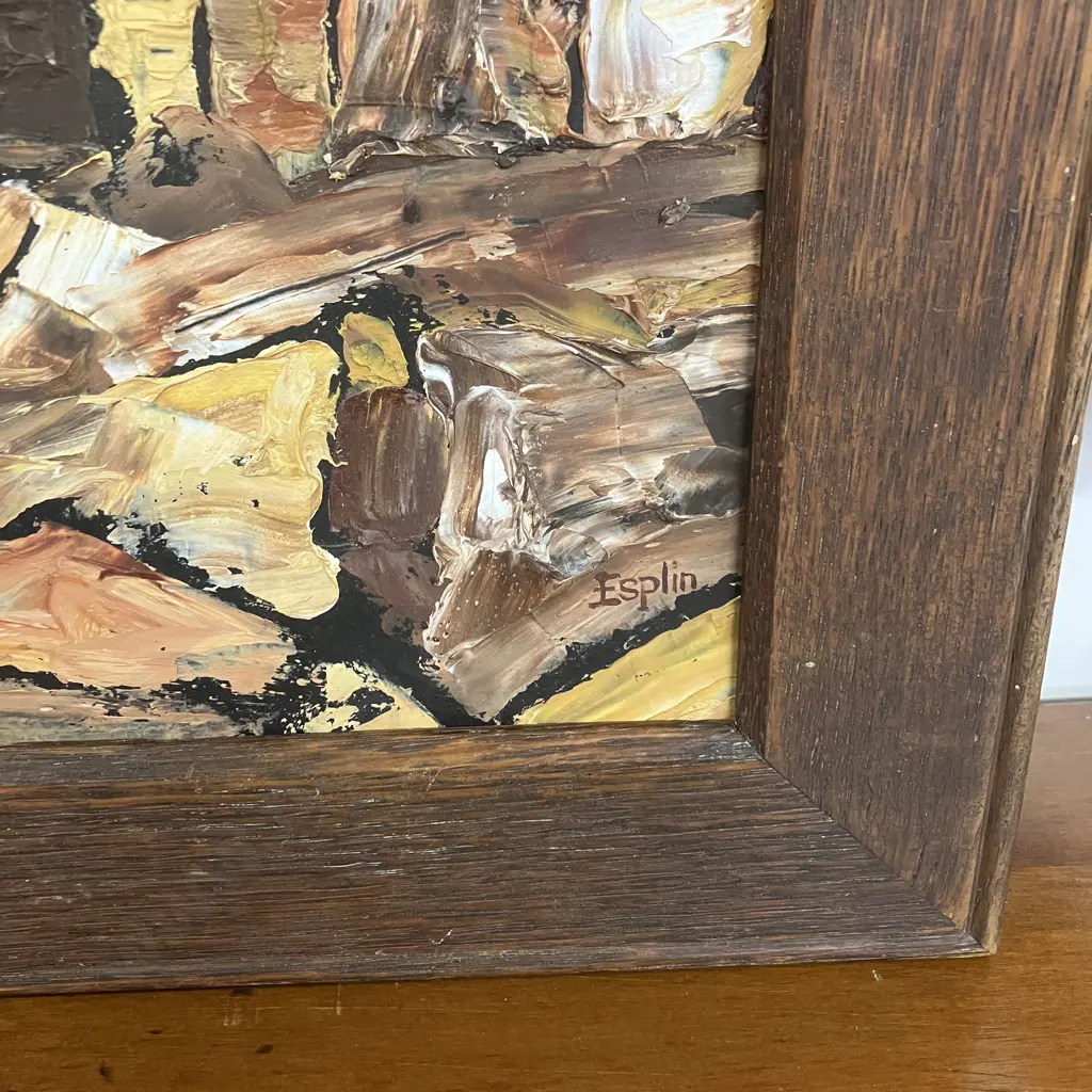Original Oil Painting On Board Of A Farm Scene Signed Esplin, Vintage Oak Frame. 37 x 45cm Image 1++