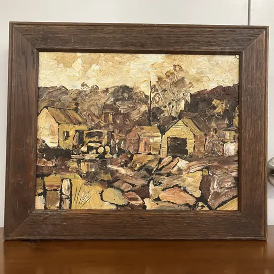 Original Oil Painting On Board Of A Farm Scene Signed Esplin, Vintage Oak Frame. 37 x 45cm