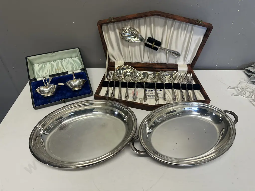 Selection Of Silverware Items Including Boxed Shefield Spoons & Forks, Condiment Dishes & Lidded Serving Dish Image 1++