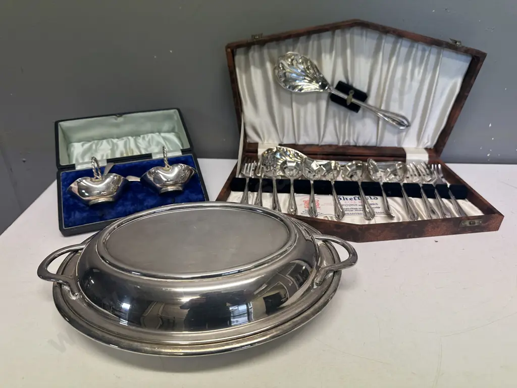 Selection Of Silverware Items Including Boxed Shefield Spoons & Forks, Condiment Dishes & Lidded Serving Dish Image 1++
