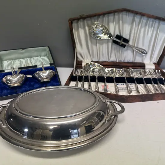 Selection Of Silverware Items Including Boxed Shefield Spoons & Forks, Condiment Dishes & Lidded Serving Dish
