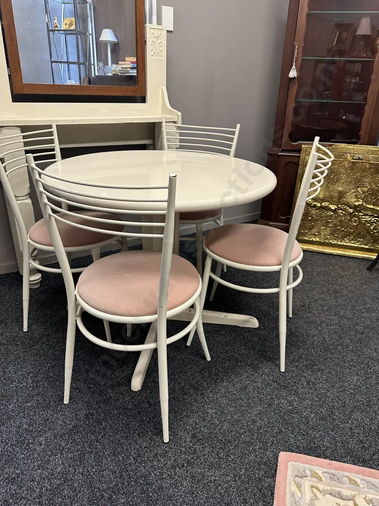 White Lacquered Round Table 72 x 90cm With 4 White Metal Round Upholstered Chairs Image 1++