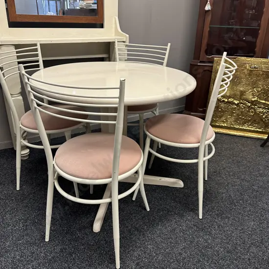 White Lacquered Round Table 72 x 90cm With 4 White Metal Round Upholstered Chairs
